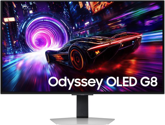 Monitordisplay met "Odyssey OLED G8" en raceauto-afbeelding.