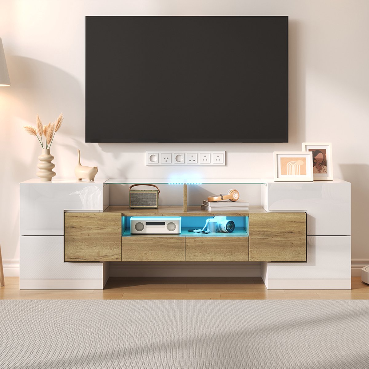 Pugsdrly TV-kast lowboard 145 cm hoogglans wit met led-verlichting modern design elegant glazen oppervlak geschikt voor woonkamer Wit+Goud