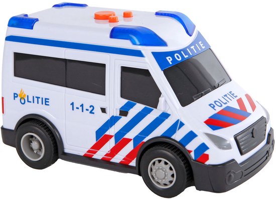 Wit politiebusje met blauwe en rode strepen. Opschrift 'POLITIE' en '1-1-2'. Met blauwe zwaailichten.