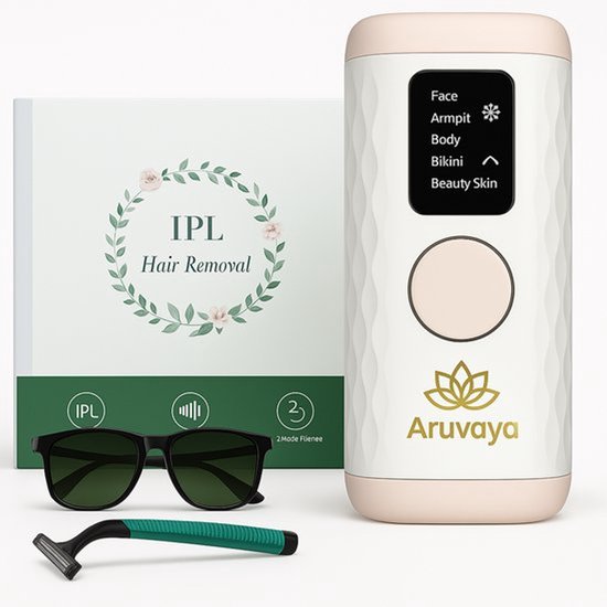 Aruvaya Premium IPL Laser Ontharingsapparaat – Ontharingsapparaten – 1.000.000 Flitsen – Ice Cooling Functie – 5 Standen – Hele Lichaam – Voor Gevoelige Huid – Voor Elk Huid en Haartype – Haarvrij – Inclusief Scheermesje & Beschermbril & Aloë Vera