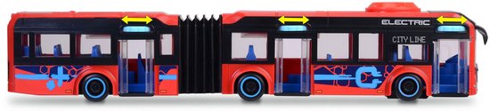 Rode gelede stadsbus met zwarte raamstijlen en blauwe decoraties, deuren zijn open.