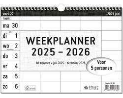 MGPcards - 18 Maanden Familieplanner 2025-2026 - Week Kalender - 5 Personen - Gezinsplanner - Familyplanner- juli 2025 t/m december 2026 - 27 x 24,5 cm