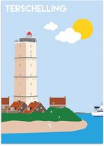 DesignClaud Terschelling - Waddeneilanden - Nederland - Vuurtoren - Texel poster A4 + Fotolijst wit