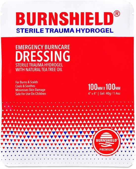 Burnshield Sterile Trauma Hydrogel. Rode en witte verpakking met witte driehoekjes patroon.