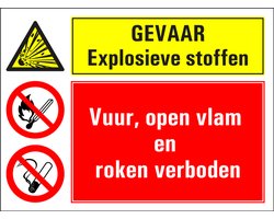 Explosieve stoffen, vuur open vlam en roken verboden sticker 200 x 150 mm