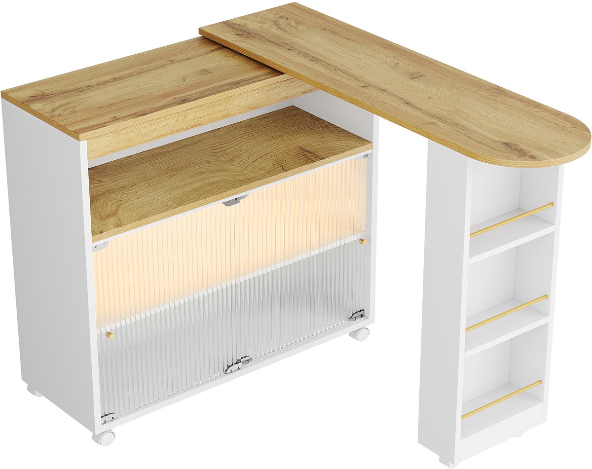 Merax Uitschuifbare Bartafel met Opbergruimte en LED Verlichting - Verstelbare Keukentafel op Wielen - Moderne Statafel met Glazen Schuifdeuren - Wit