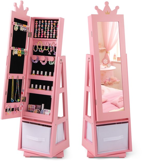 COSTWAY Sieradenkast voor kinderen, 3-in-1 spiegelkast, 360 graden draaibaar, met full-body spiegel en opbergmand, sieradenrek, make-upspiegel in kroonvorm, voor kinderen vanaf 3 jaar (roze)