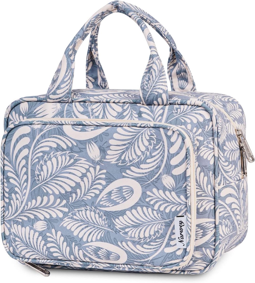 Toilettas voor Dames, Heren en Kinderen – Grote Make-uptas & Reis-Waszak – Unisex Toilettas met Blauw Blad Motief