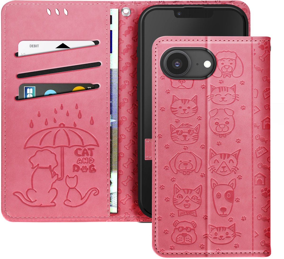 Avizar Hoesje Geschikt voor Apple iPhone 16e Design Cat and Dog Wallet Flap, Roze