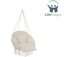 LifeStages - Ei Stoel - Hangstoel - Hangschommel met Dikke Kussens en Kwastjes - Boho Hangmand - Hangstoel met Frame voor Tuin, Balkon en Woonkamer - Nestschommel voor Buiten & Binnen - Beige