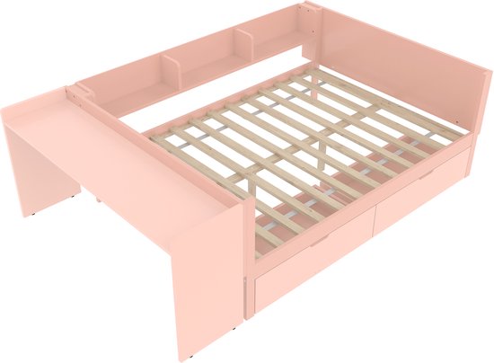 Roze slaapbank met bureau, boekenplanken en uitgeschoven lades.