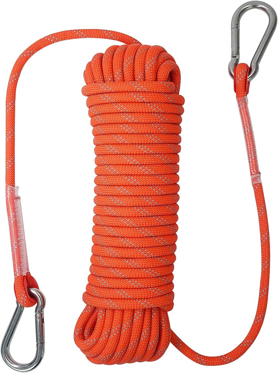 30 Meter Touw - 8mm Dikte - Inclusief Karabijnhaak - Stevig Klimtouw voor Magneetvissen - Oranje kleur - Ontsnappen - Brandreddingstouw - Klimtouw - Drooglijnen