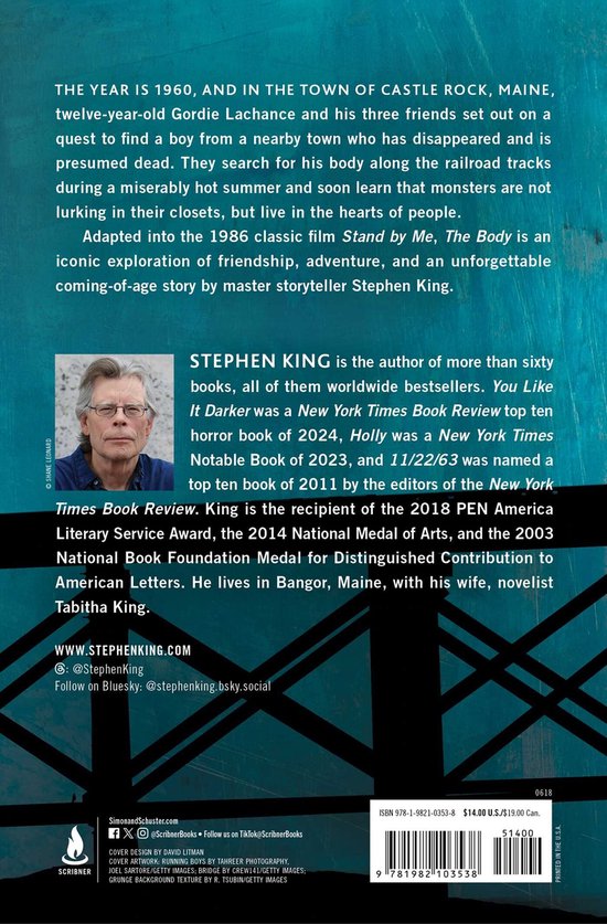 Achterkant van het boek 'The Body' van Stephen King met een foto van de auteur en biografie.