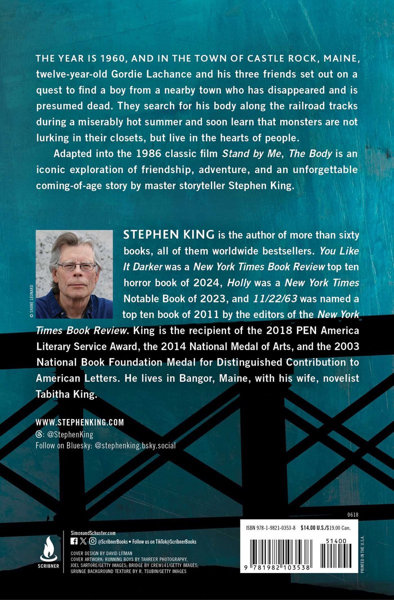 Achterkant van het boek 'The Body' van Stephen King met een foto van de auteur en biografie.