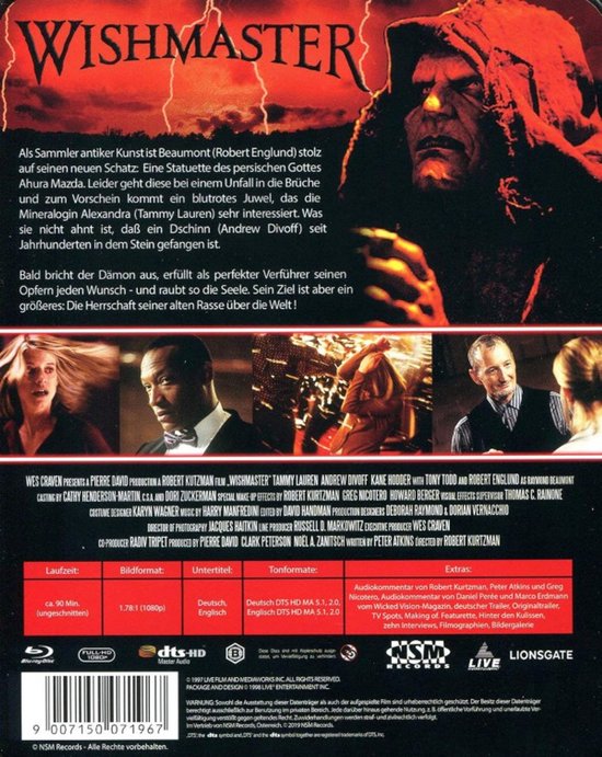 Achterkant Blu-ray hoes van Wishmaster met tekst en drie kleine afbeeldingen van de film.