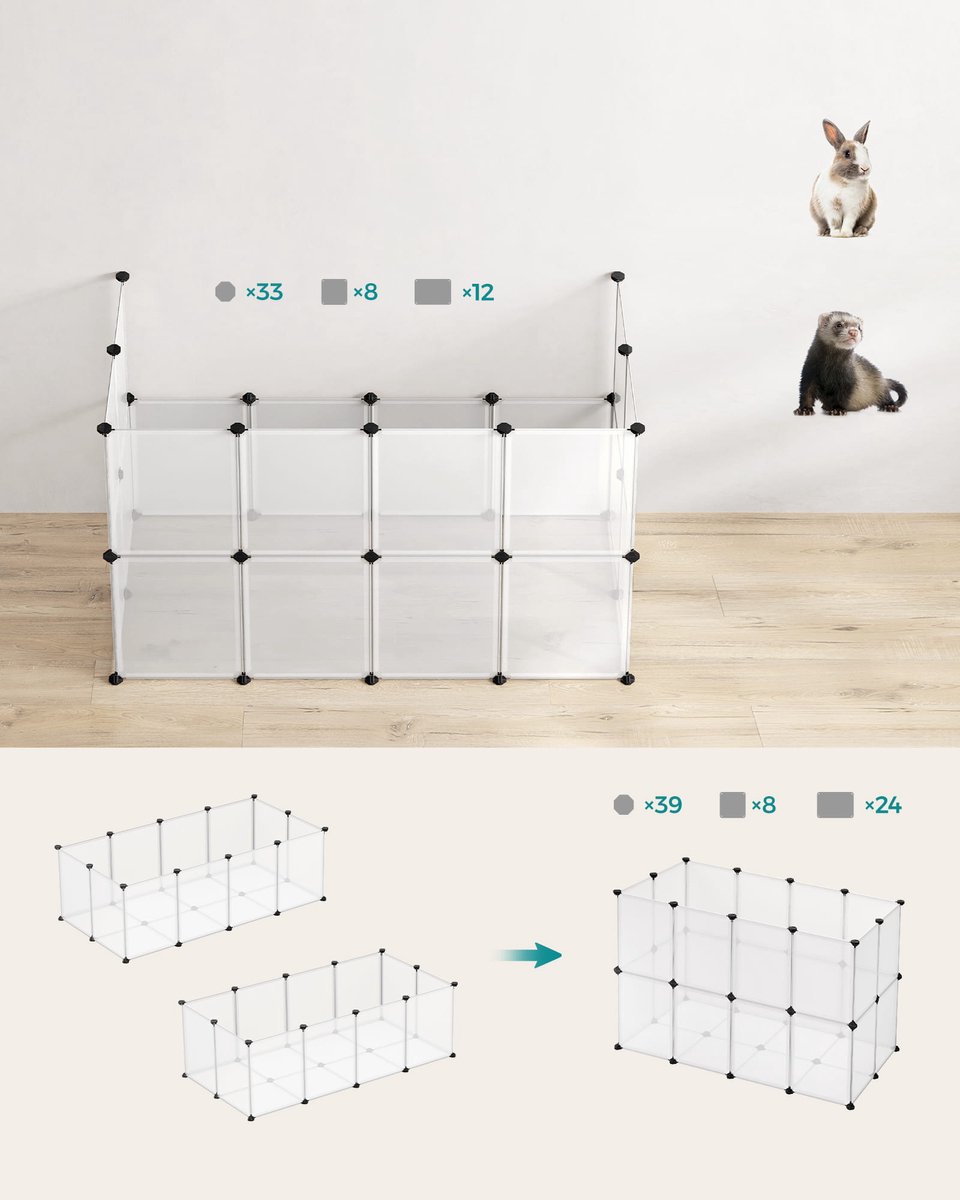 Knaagdierenren – Transparant – Modulair Huisdierenhek – Voor Konijn, Cavia, Hamster, Egel – Binnengebruik – 143x73x46 cm – Uitbreidbaar – Incl. Hamer & Kabelbinders thumbnail 3