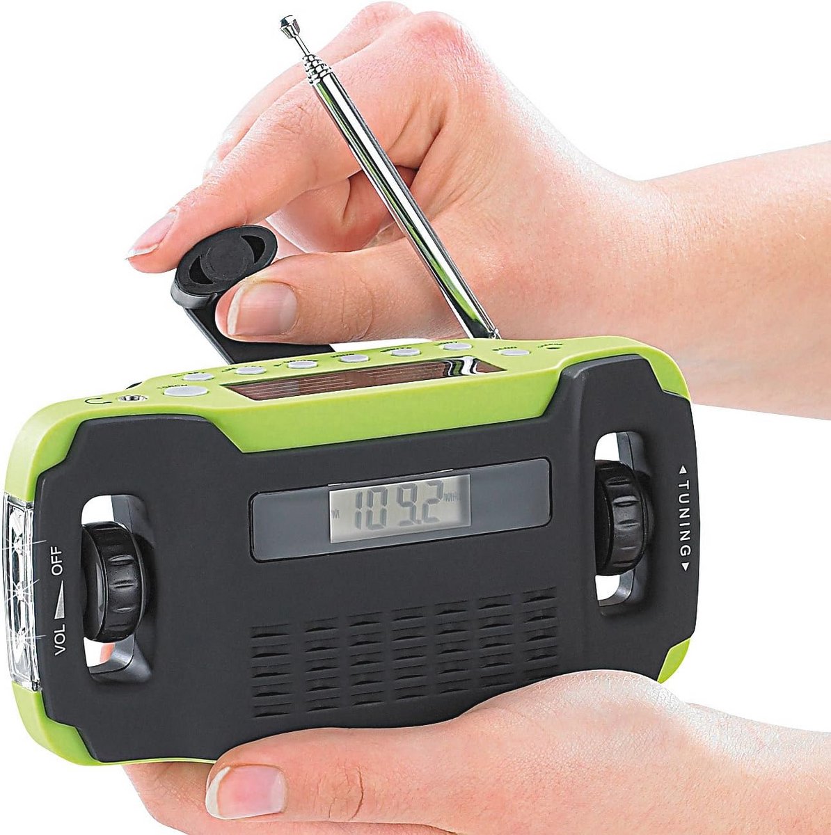 Zonne- en dynamo-koffer-radio met LED-lamp en LCD-display