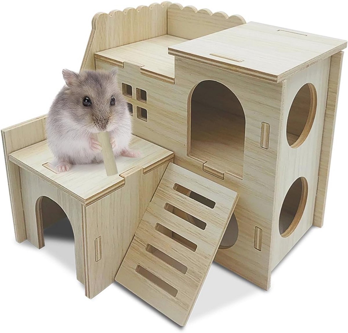 Hamsterhuis van hout met meerdere ingangen en platforms – Dwerghamster verstopplaats en speelgoed