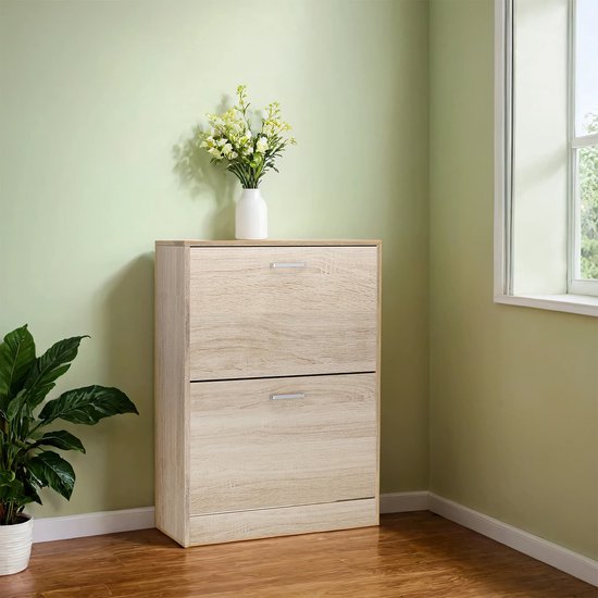 Relaxdays Shoe Cabinet with 2 Flaps Low Hanging or Standing Solid Walnut Wood HBD: approx. 38 x 94 x 20 cm, Natural
