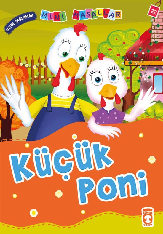 Twee witte kippen, waarvan één een overall draagt, met tekst 'Mini Masallar' en 'küçük Poni'.