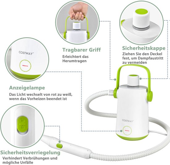 COSTWAY Handstoomreiniger 1000 W en 300 ml watercapaciteit en 10 accessoiresets Steamshot Steam Cleaner stoomreiniger voor alles tapijten ramen bekleding badkamer groen van Costway — afbeelding 3