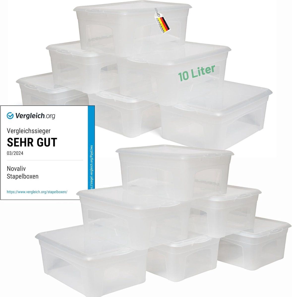 12x opbergdozen met deksel 10L transparante dozen stapelbaar nestbaar opbergdozen met clipsluiting kunststof BPA-vrij 37x26x14 cm