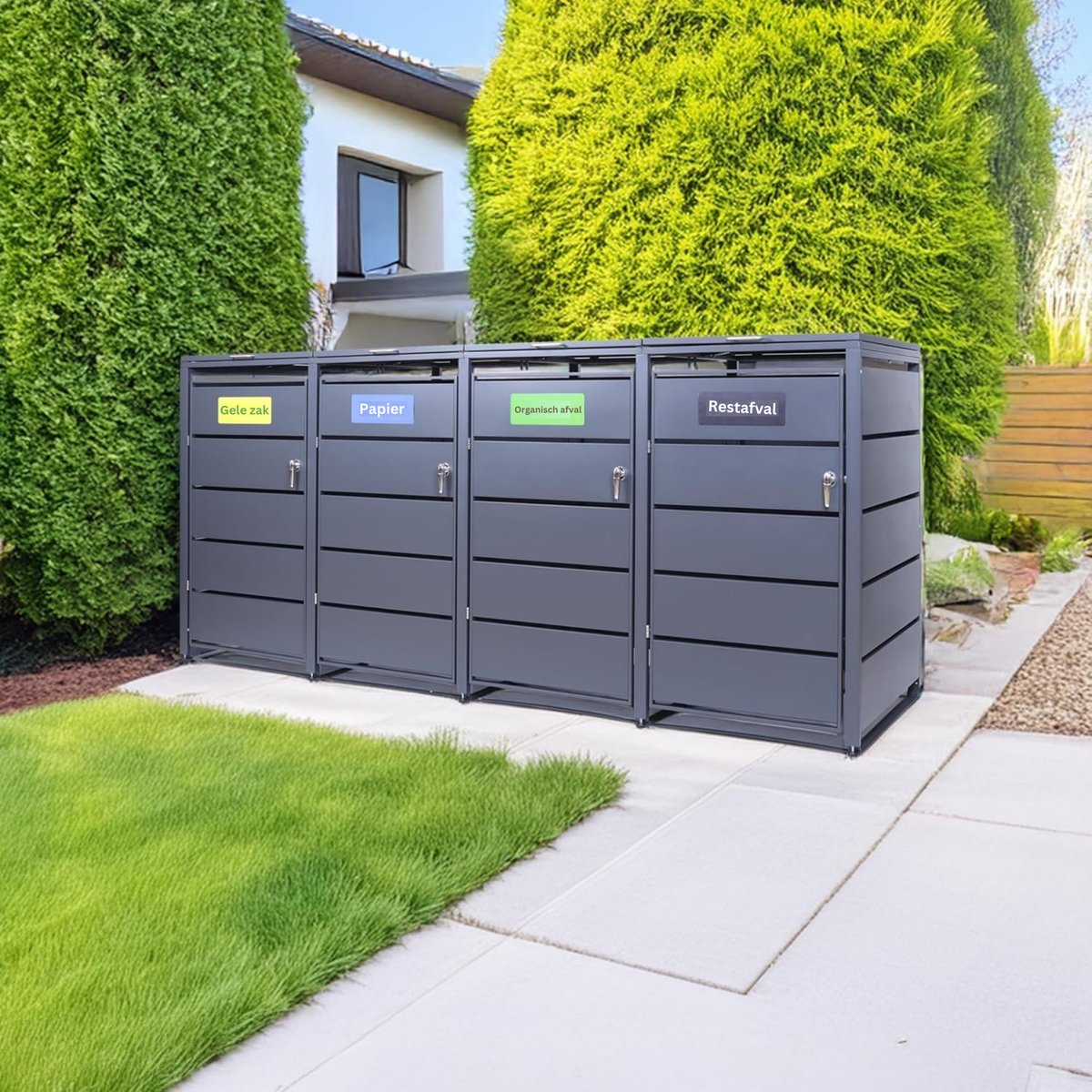 Albatros afvalcontainerbox voor 4 containers | tot 240 liter | antracietgrijs RAL 7016 | verzinkt staal | premium dempers | stickerset | weerbestendig | verstelbare poten | deurklink met slot | tuinbox — afbeelding 6