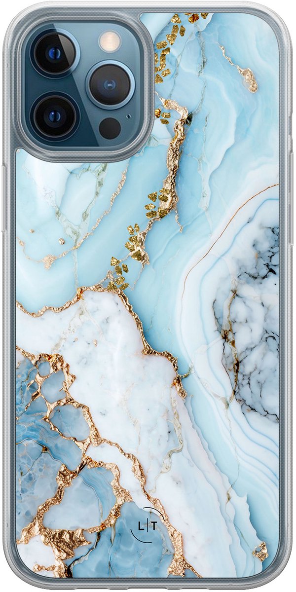 Hoesje geschikt voor iPhone 12 - Marmer babyblauw - 2in1 backcover - Marmer - Blauw - Leuke Telefoonhoesjes