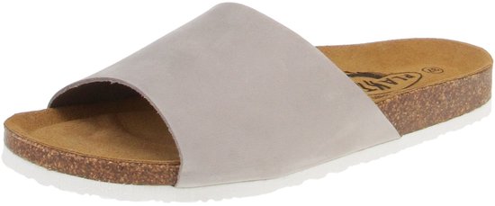 Grijze Plakton slipper met suède band, kurken zool en witte rand.