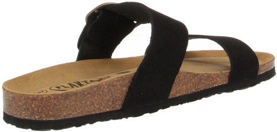 Zwarte Plakton slipper, deels van bovenaf gezien, met zwarte bandjes en kurken zool.
