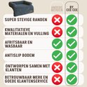 Vergelijkingstabel van hondenkussens. Pluizig hondenkussen met vinkjes bij 'Super stevige randen', 'Kwalitatieve materialen', 'Afritsbaar en wasbaar', 'Antislip bodem', 'Ontworpen samen met klanten', 'Betrouwbaar merk'.