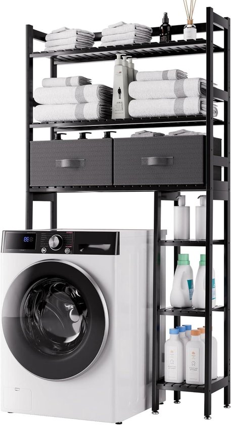 SMIBUY Badkamer Opbergrek met Lade, Bamboe Over-Te-Toilet Opbergrek, Vrijstaande Toilet Ruimtebespaarder met 3-Tier Verstelbare Planken (Zwart