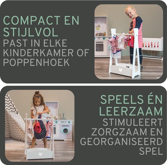 Een jong meisje hangt poppenkleding aan een wit kleerhangerrek. Compact en stijlvol, past in elke kinderkamer of poppenhoek.