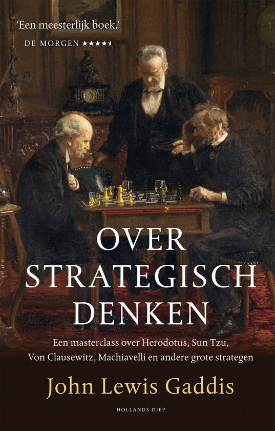 Boek kaft met titel 'Over strategisch denken' en afbeelding van drie mannen die schaken.