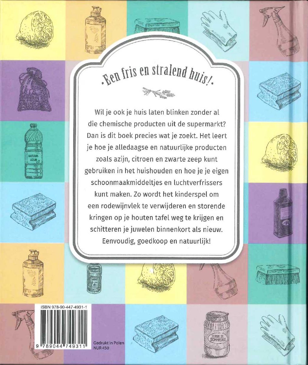 Een fris en stralend huis! Boek met illustraties van huishoudelijke voorwerpen.