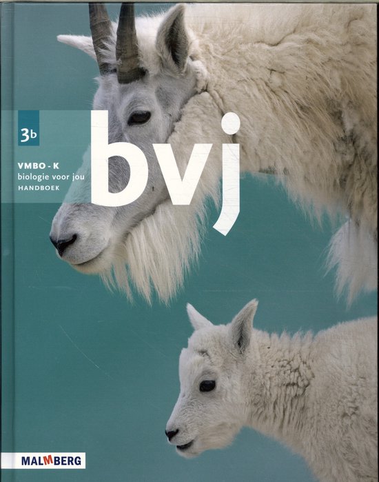 Boek "Biologie voor jou 3 vmbo-k Handboek B" met op de voorkant een witte geit met baard en jong op een blauwe achtergrond. Tekst: 3b VMBO-K biologie voor jou HANDBOEK MALMBERG.