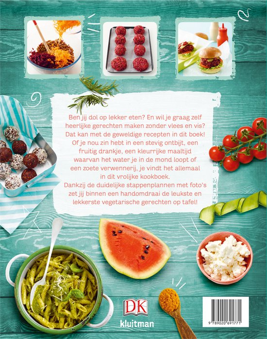 Kookboek met recepten en foto's van vegetarische gerechten, zoals pasta, burgers en salades.