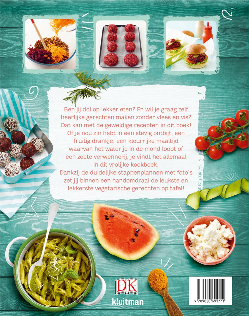 Kookboek met recepten en foto's van vegetarische gerechten, zoals pasta, burgers en salades.