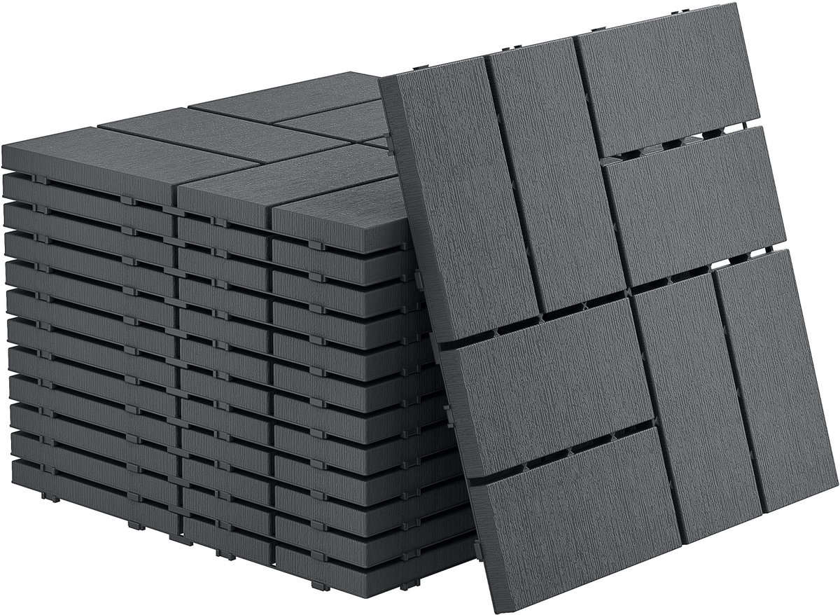 Aufun 11-Delige Balkontegels 30X30Cm, Terrastegels In Houtlook, Waterdichte Kunststof Tuintegels Met Kliksysteem, Vloerbedekking Voor Balkon, Terras, Buitenruimte, Antraciet 1M² Tye A