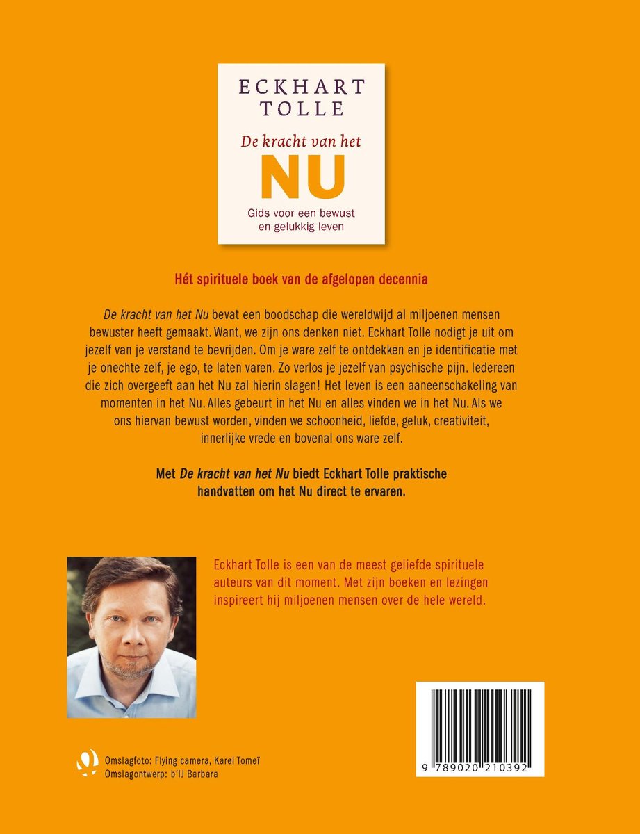 Achterkant van het boek "De kracht van het NU" van Eckhart Tolle, met een portret van de auteur en tekst.