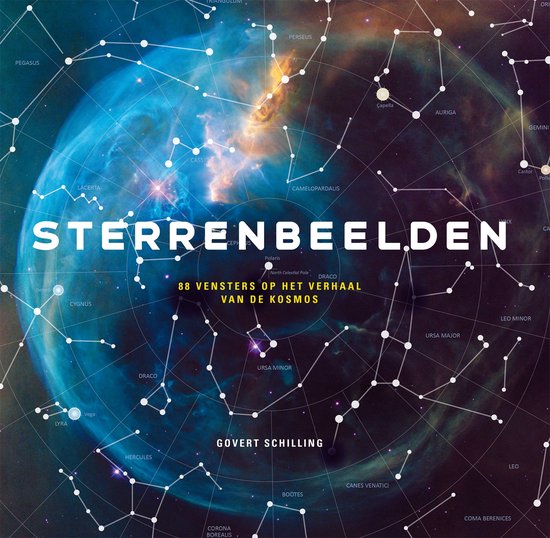 Boekomslag met een kaart van sterrenbeelden, met de tekst 'STERRENBEELDEN' en een afbeelding van een nevel.