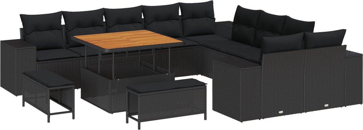 vidaXL - Tuinbank - Set - met - kussen - 13 - pcs - Zwart - poly - rattan