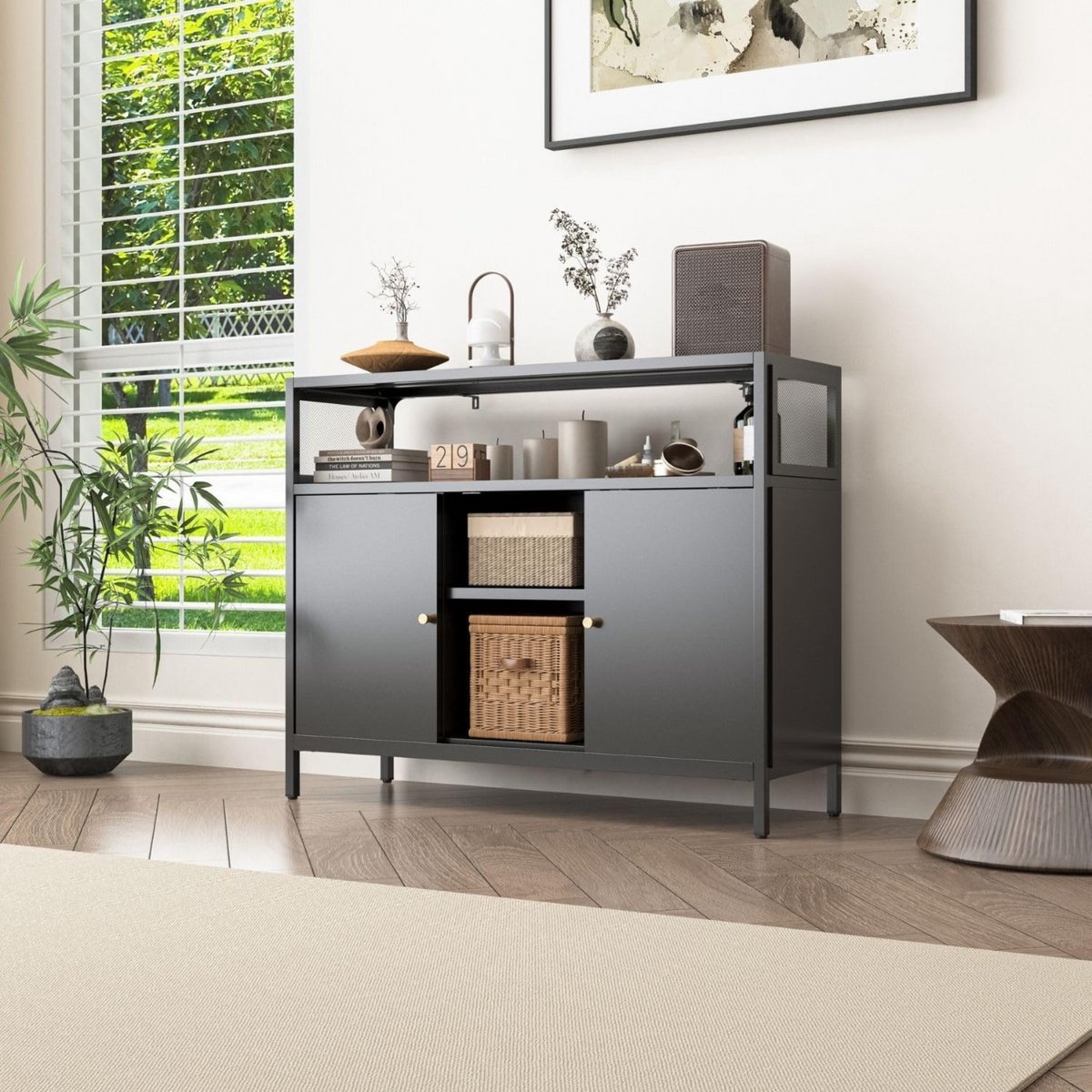 Mein-Regal ladekast zwart Sideboard Mesh - smalle metalen ladekast - tv-meubel met opbergruimte en schuifdeur, vitrinekast voor boeken en decoratie - past in de woonkamer, slaapkamer, kantoor