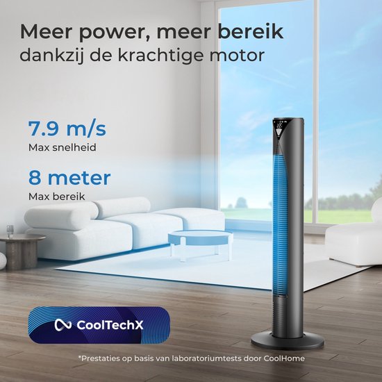 Zwarte CoolHome torenventilator in een woonkamer, met tekst over krachtige motor, max. snelheid 7.9 m/s en bereik 8 meter.