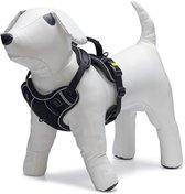 Zwart Y-tuig voor honden, met reflecterende details, op een witte hondendummy.