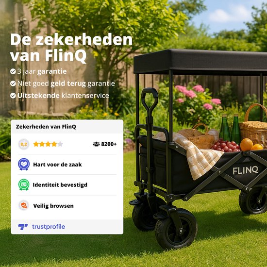 FlinQ Bolderkar met Dak tot 130 KG - Opvouwbaar - Strandkar met Duwstang - Inklapbare Bolderwagen voor Strand - 100L Inhoud met Draaibare Wielen - Zwart van FlinQ — afbeelding 5