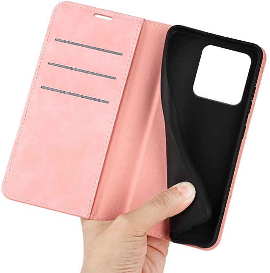 Roze telefoonhoesje opengeklapt, met kaarthouders en een zachte TPU-hoes.