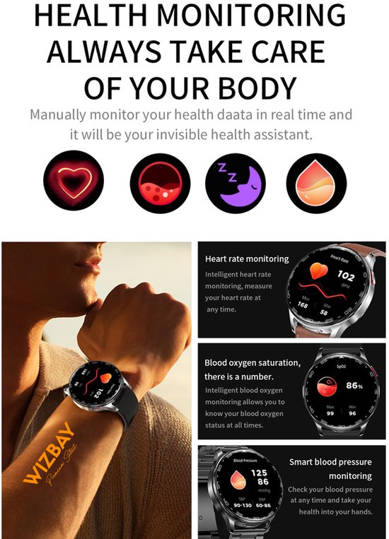 Man met een smartwatch, toont hartslag, zuurstofgehalte en bloeddruk.