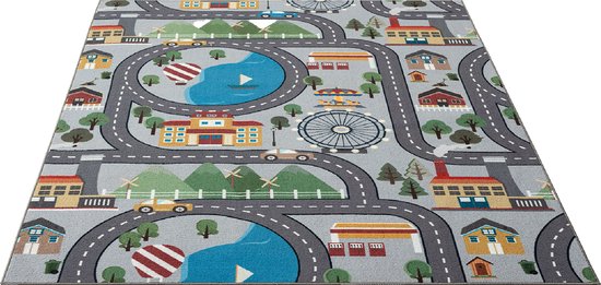 the carpet Happy Life - Speelkleed, kindertapijt met stadsprint, wasbaar en antislip, grijs met stadsprint, 80 x 150 cm van The Carpet — afbeelding 3