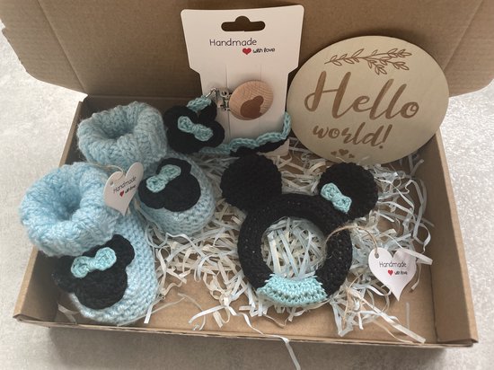 Maminobaby.nl Baby geschenkset jongens - Mickey mouse - Handmade speenkoord - Handmade bijtring - Gehaakte Babyslofjes - Kraamcadeu — afbeelding 4